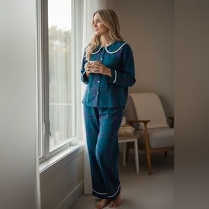 NWOT  Plaid Pajama Set Peter Pan Collar Lace Trim Blue Purple Flannel PJ’s Bow